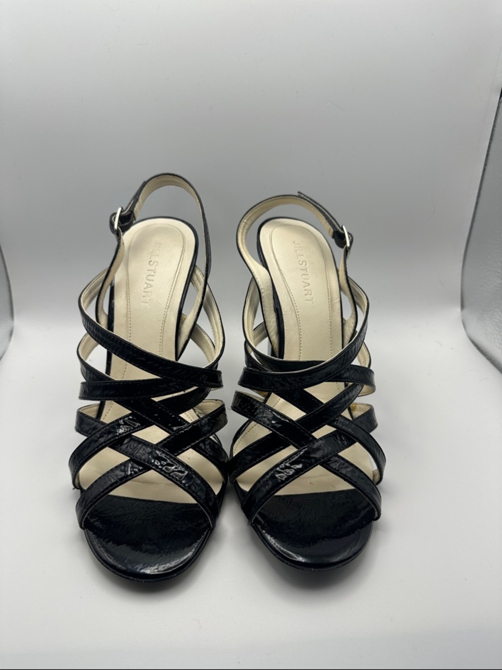 Jill Stuart Black Crinkly Patent Leather Sandals